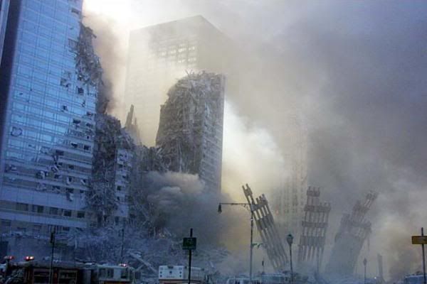 twin towers falling down. closer to the Twin Towers